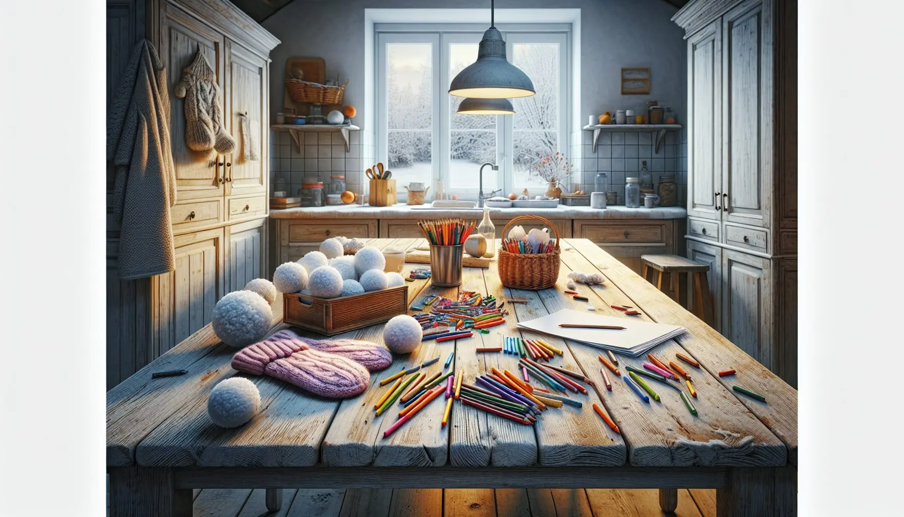 Generate an image depicting a family playfully engaged in drawing and writing together around a table adorned with fluffy snowballs and warm mittens.