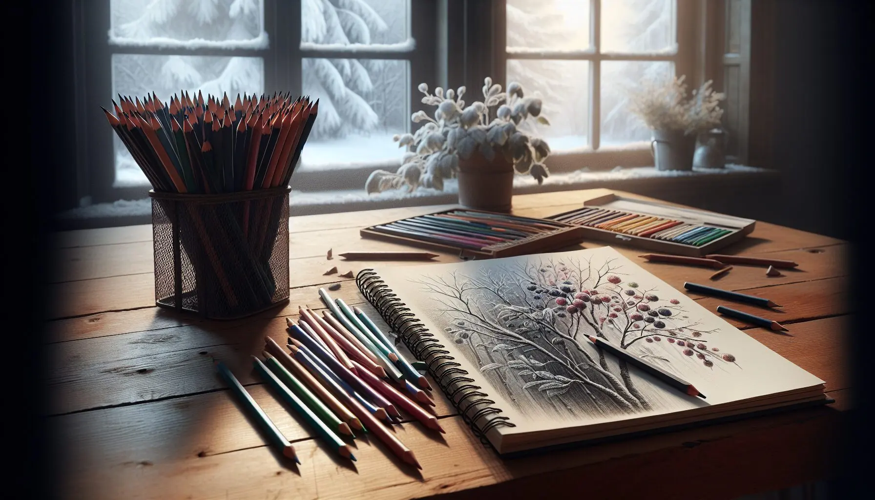 Generate an image of a winter park with frosty trees and bushes, highlighting a child's drawing materials like colored pencils and a sketchbook.