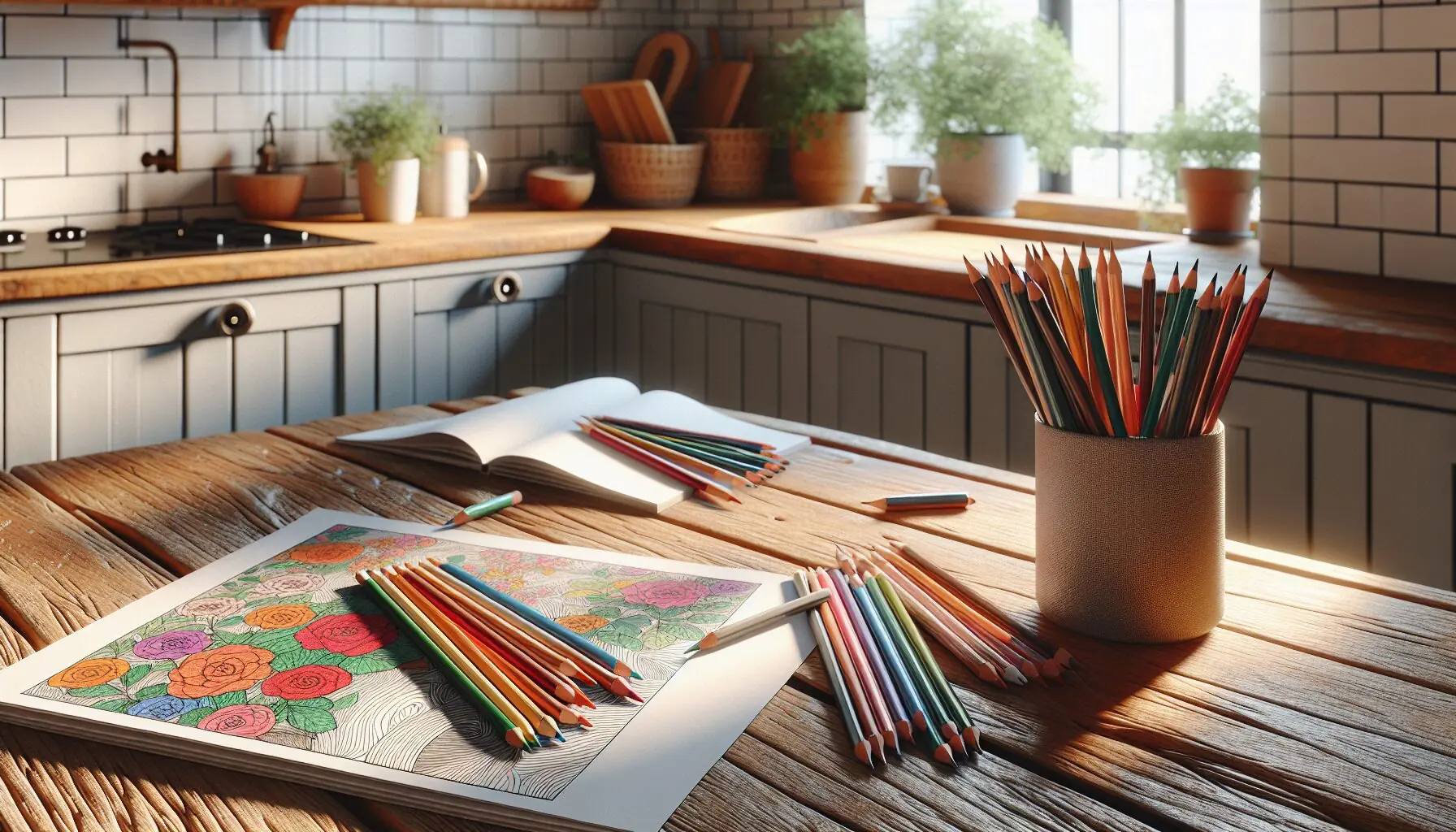 Illustrate a set of colored pencils and a partially colored page, showing vibrant hues.