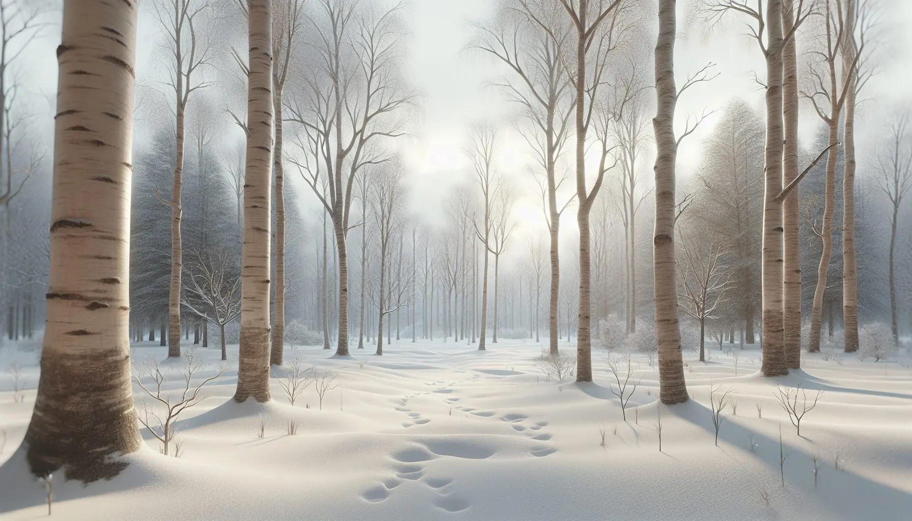Generate an image of a winter landscape with bare trees and snow-covered ground.