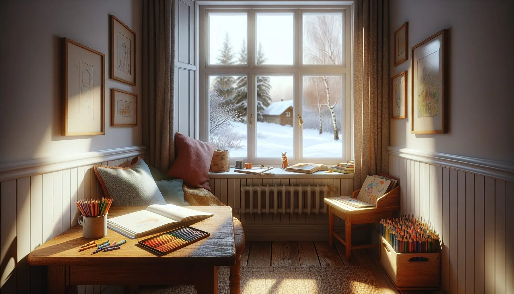 Generate an image of a child-friendly cozy nook with a journal and crayons on a wooden table, overlooking a snow-covered garden landscape.