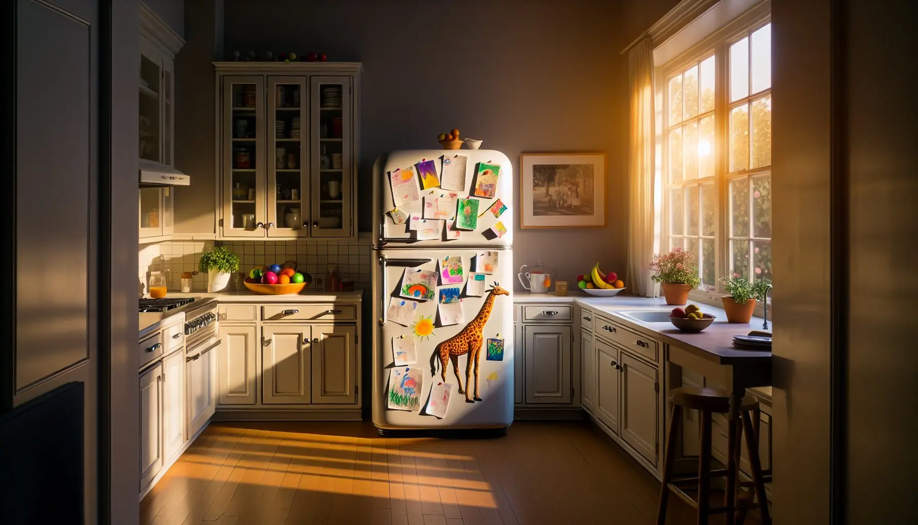 Display a collection of colored pages pinned on a fridge, exuding a vibrant, family-oriented atmosphere.