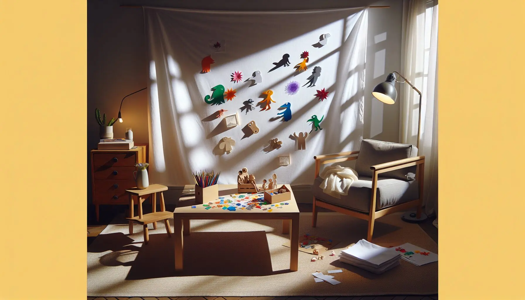 Generate an image showing a family creating shadow characters in front of a sheet with colorful cellophane accents.