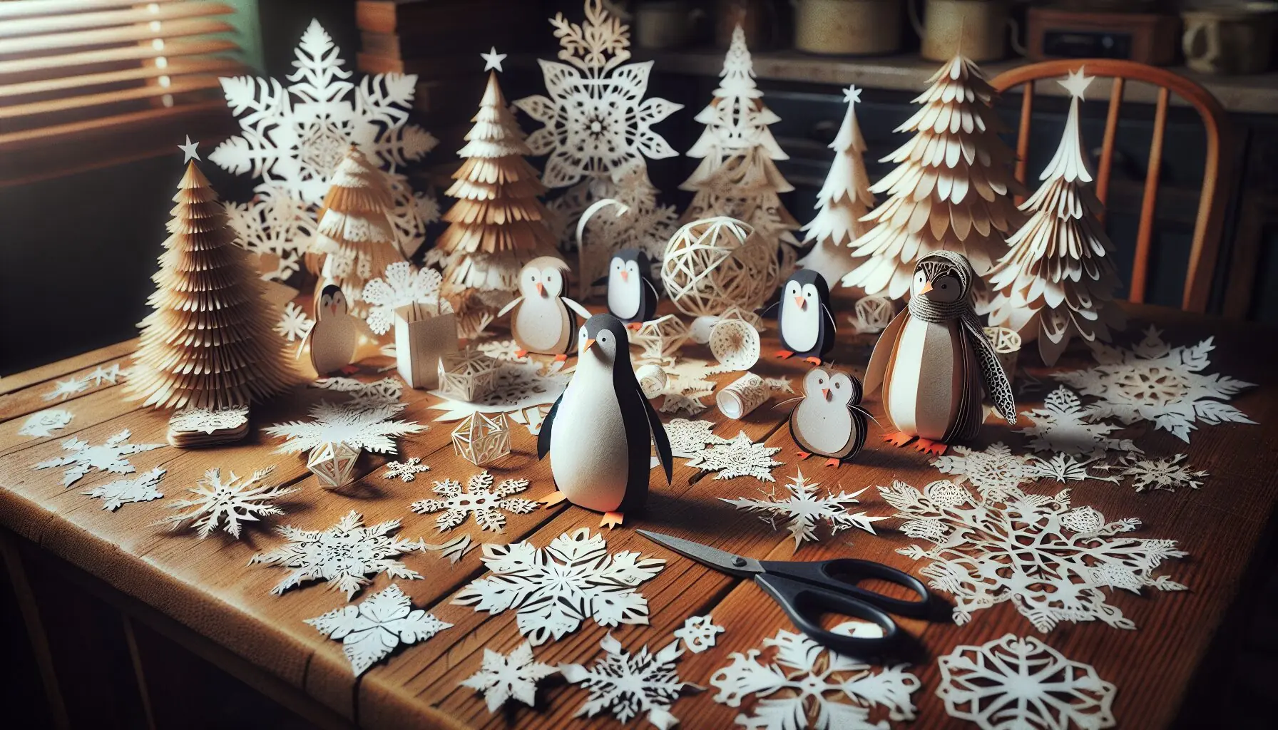 Generate an image of paper cutouts of snowflakes, penguins, and trees next to a pair of scissors.