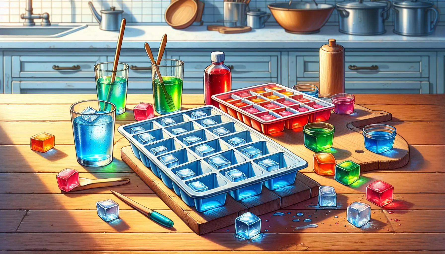 Generate an image of ice cube trays filled with brightly colored water, ready for the freezer.