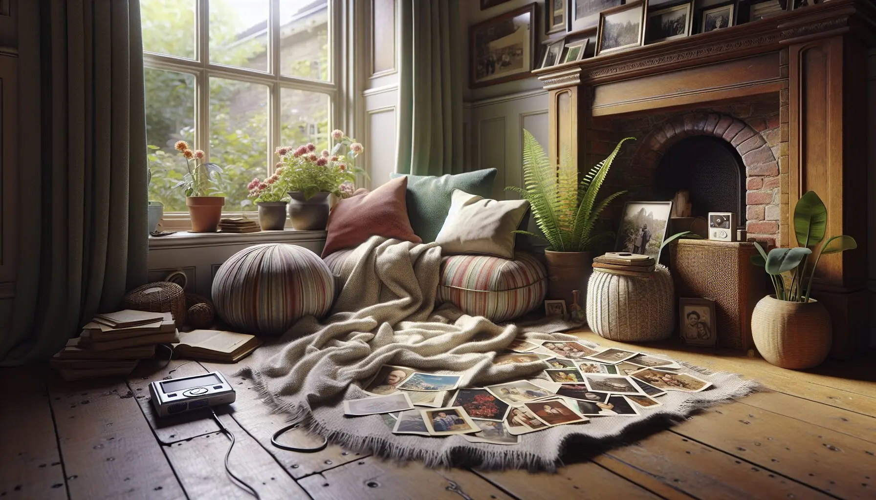 Generate an image of a cozy storytelling corner with a soft blanket, cushions, and a few colorful photos scattered around.