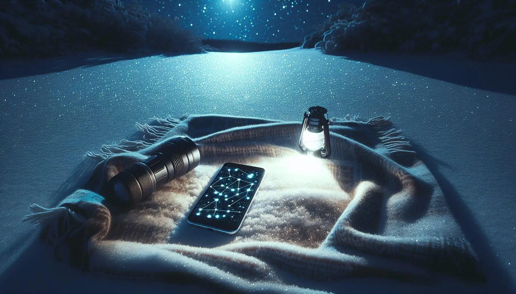 Generate an image of a cozy blanket spread on a snowy field with a smartphone and flashlight nearby.