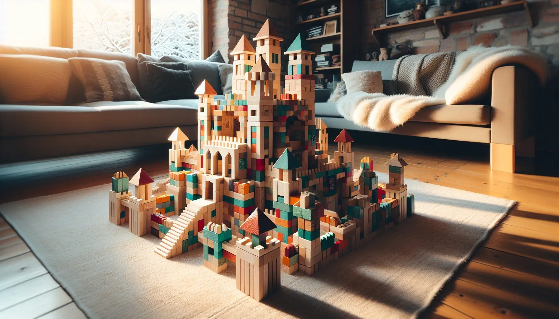 Generate a simple, illustrated winter palace built with blocks, capturing the spirit of creative and courageous play.