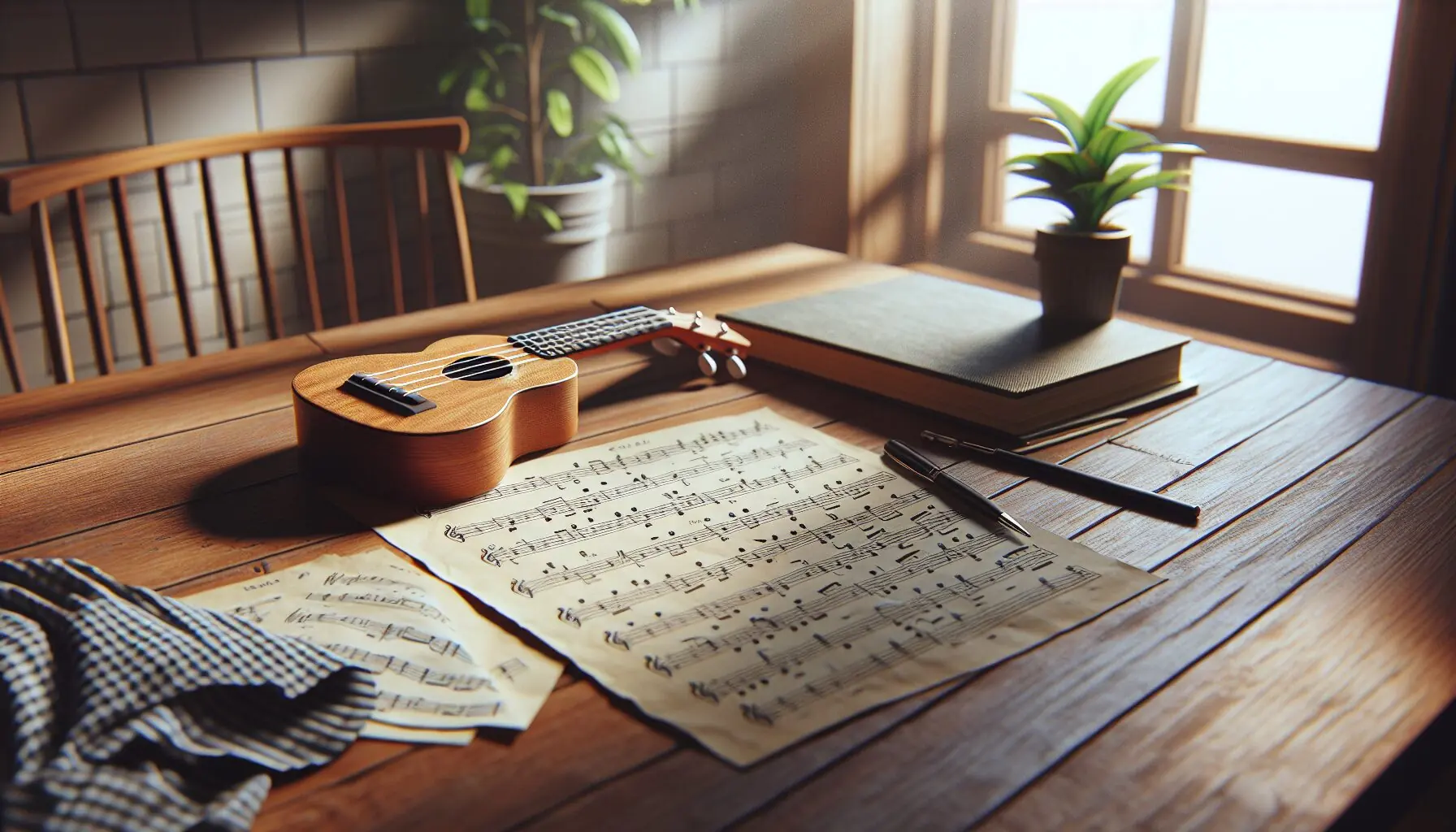 Generate an image of a cheerful, open sheet music page with simple musical notes and a small ukulele.