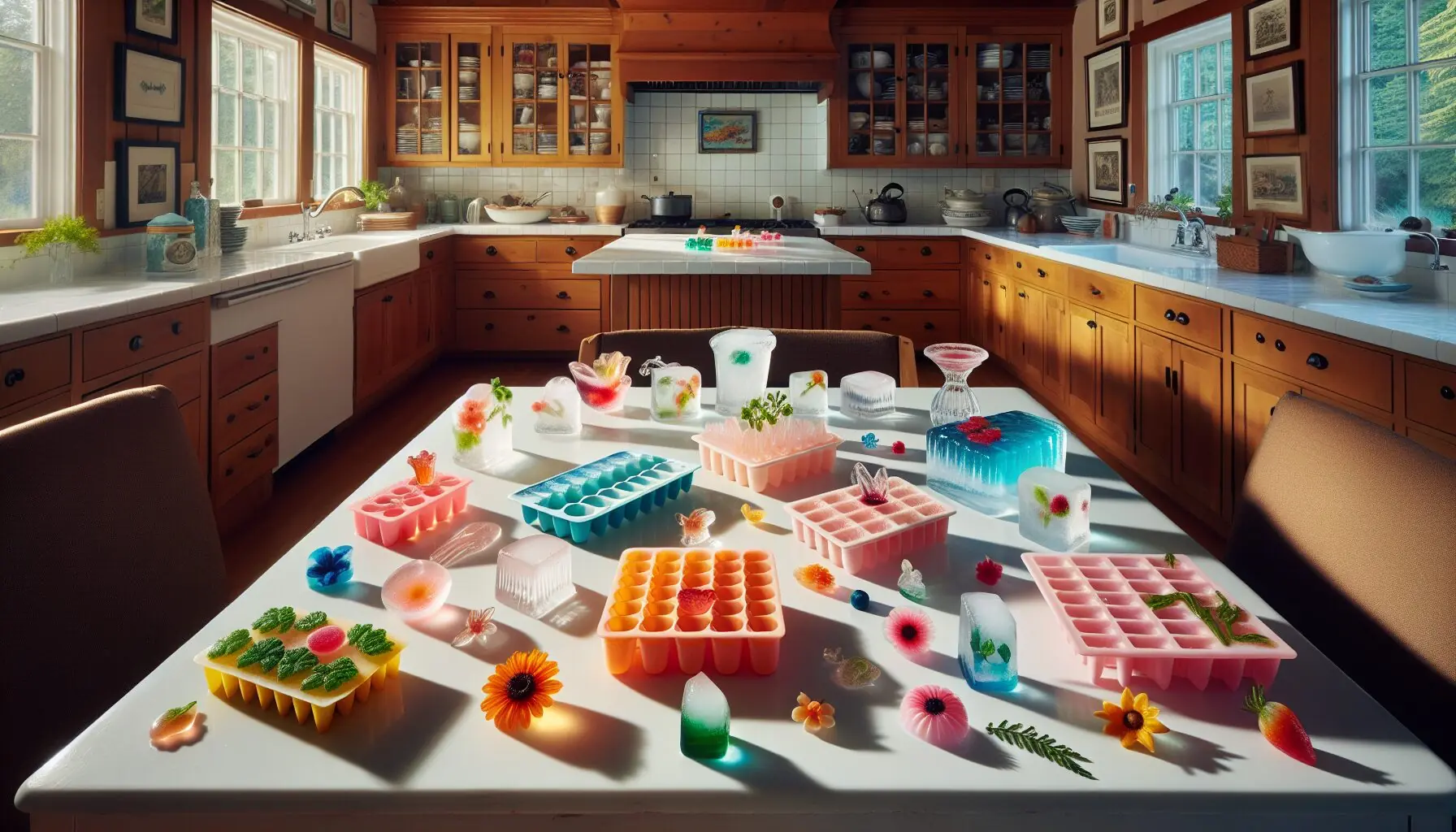 Generate an image of a colorful collection of ice sculptures adorned with tiny decorations on a white surface.