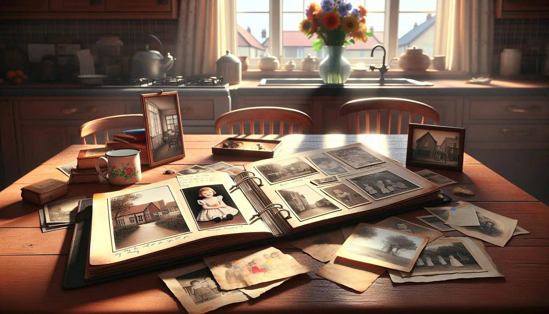 Imagine an illustration of a family scrapbook with a collection of children's imaginative drawings inspired by old photos.