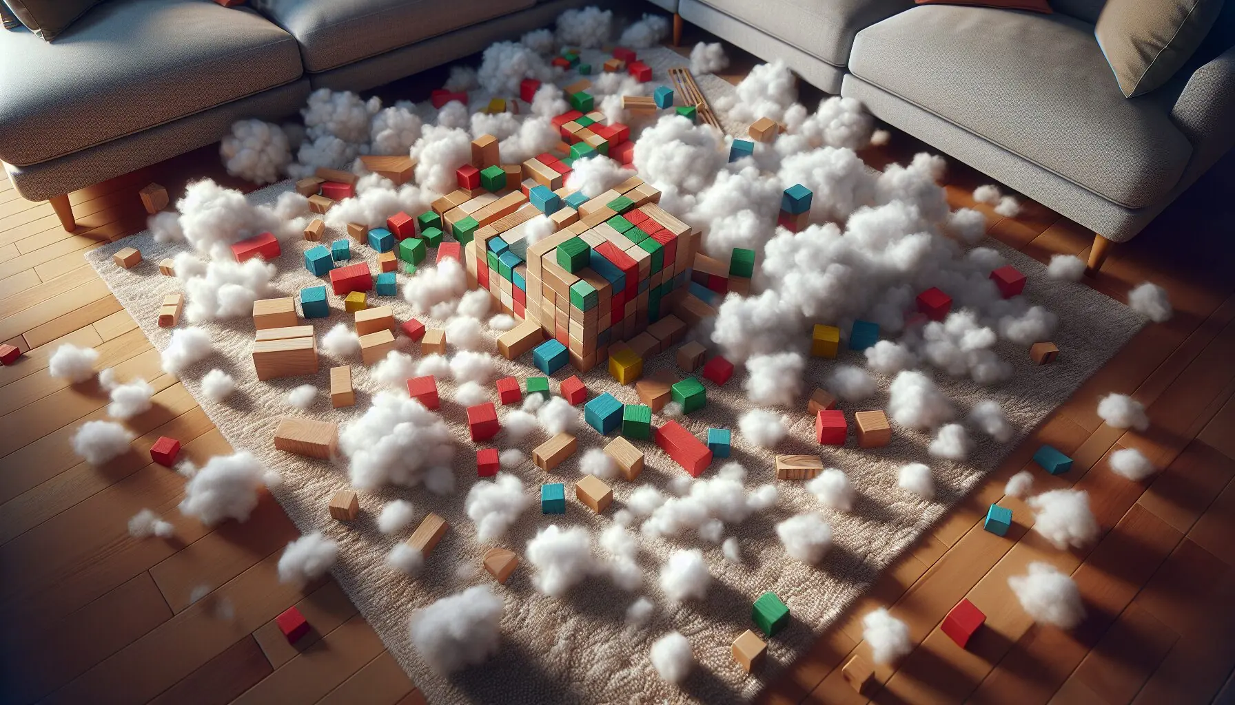 Generate an image of colorful wooden building blocks on a play mat, surrounded by plush cotton balls representing snow.