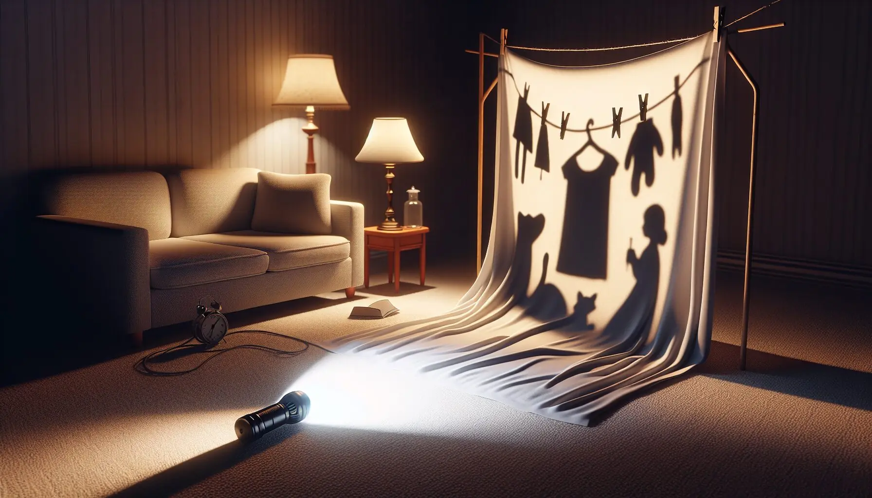 Generate an image of a cozy room setup with a white bedsheet draped and a flashlight casting shadows.