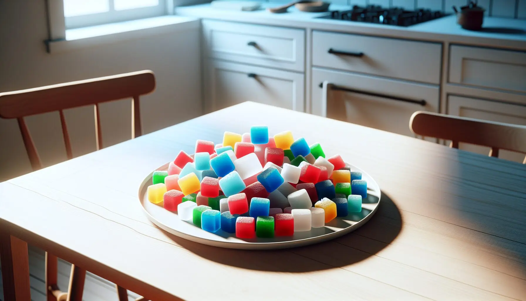 Generate an image of a vibrant collection of small ice cubes in various colors on a plate.