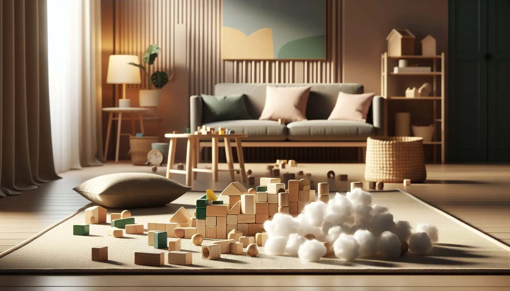 Generate an image showcasing an assortment of wooden and plastic building blocks with a subtle snowy theme.