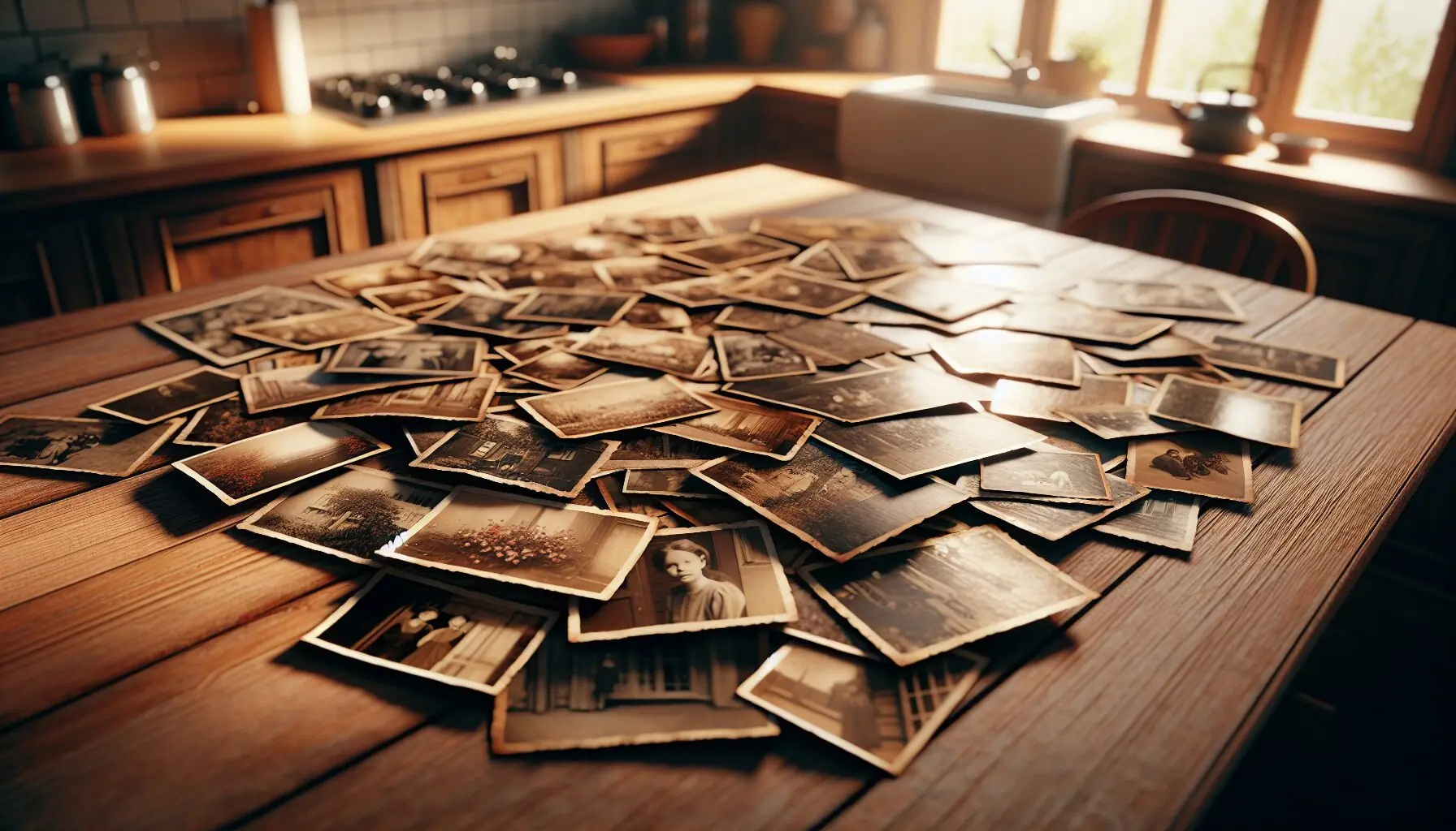 Generate an image featuring a collection of vintage photos spread loosely on a wooden table.