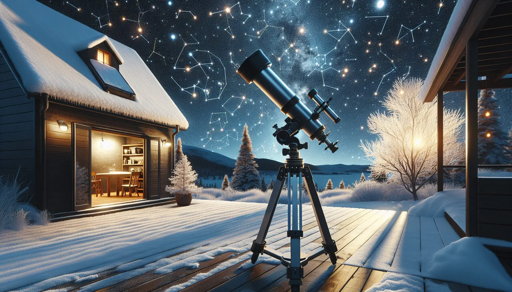 Generate an image of a winter night sky filled with stars and constellations, with a snowy landscape below.