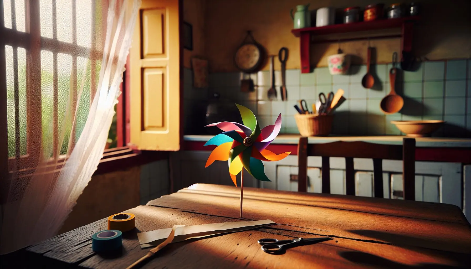 Generate an image of a child with a parent outdoors, joyfully holding a spinning pinwheel, surrounded by nature.