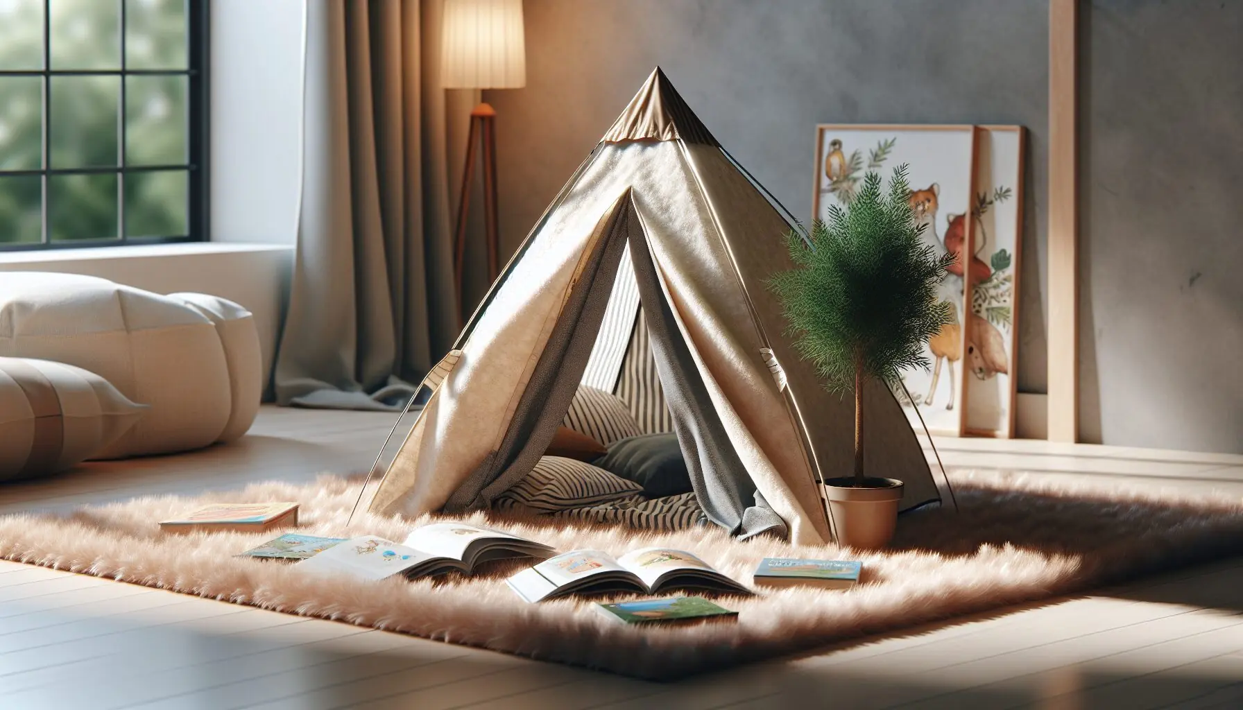 Generate an image of illustrated storybooks and a small indoor tent setup.