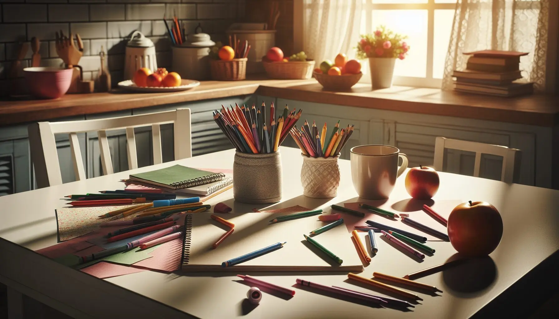 Generate an image of a child-friendly desk with paper, crayons, markers, and colored pencils scattered across it.
