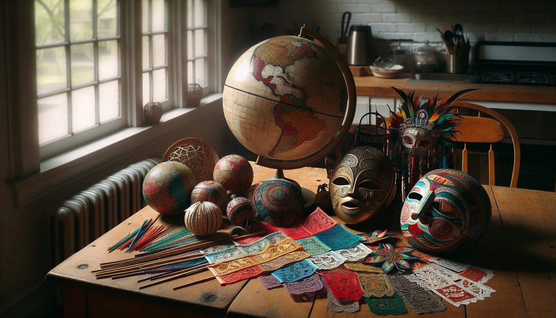 Generate an image of a globe surrounded by colorful traditional artifacts like lanterns, masks, or festival banners.