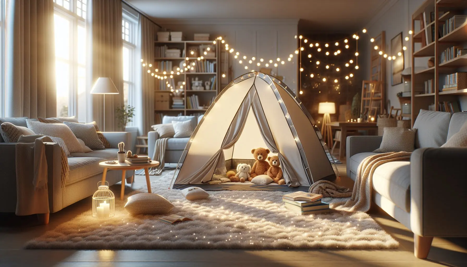 Generate an image of a family room decorated with indoor camping elements like string lights.