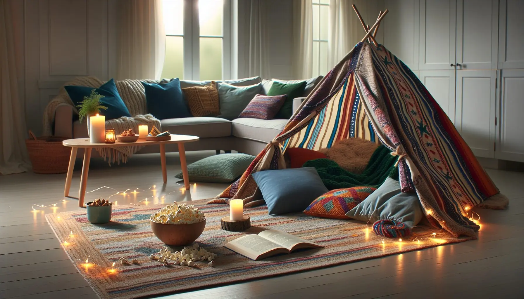 Generate an image displaying simple camping essentials: blankets, a flashlight, and snacks.