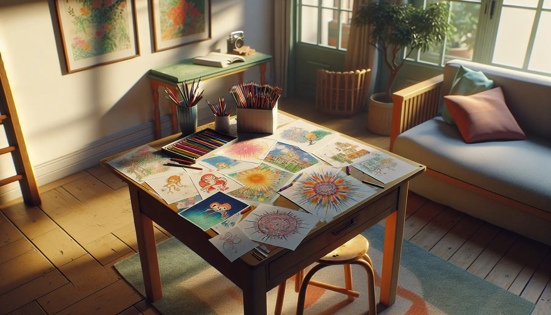 Create an image of a child's drawing table with lively sketches of different cultural festivals, featuring bright colors.