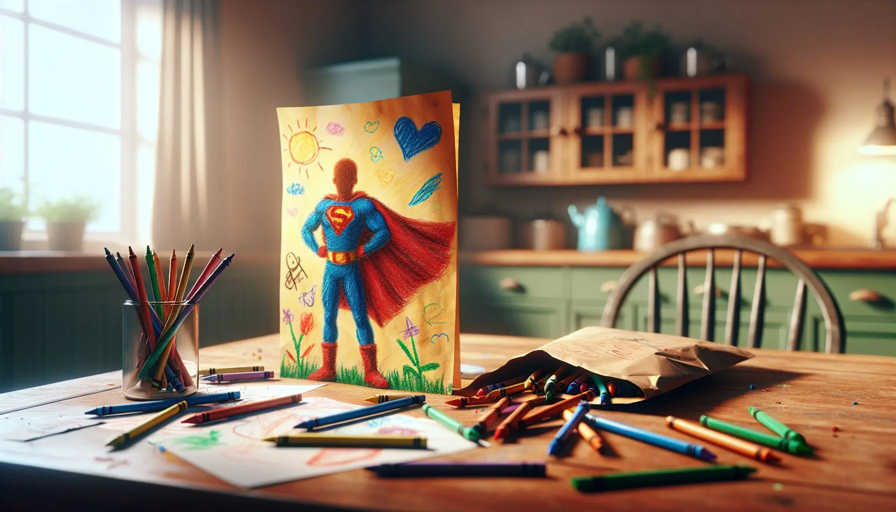 Create an image of a colorful paper with scribbles and drawings featuring a superhero theme, alongside some envelopes.