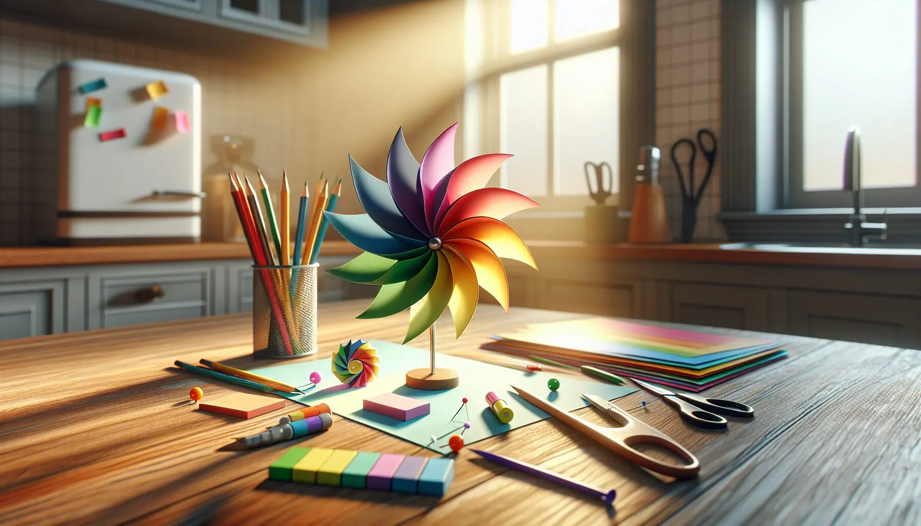 Generate an image of a colorful paper pinwheel on a grassy field, with scissors, a pin, paper squares, and a pencil nearby.