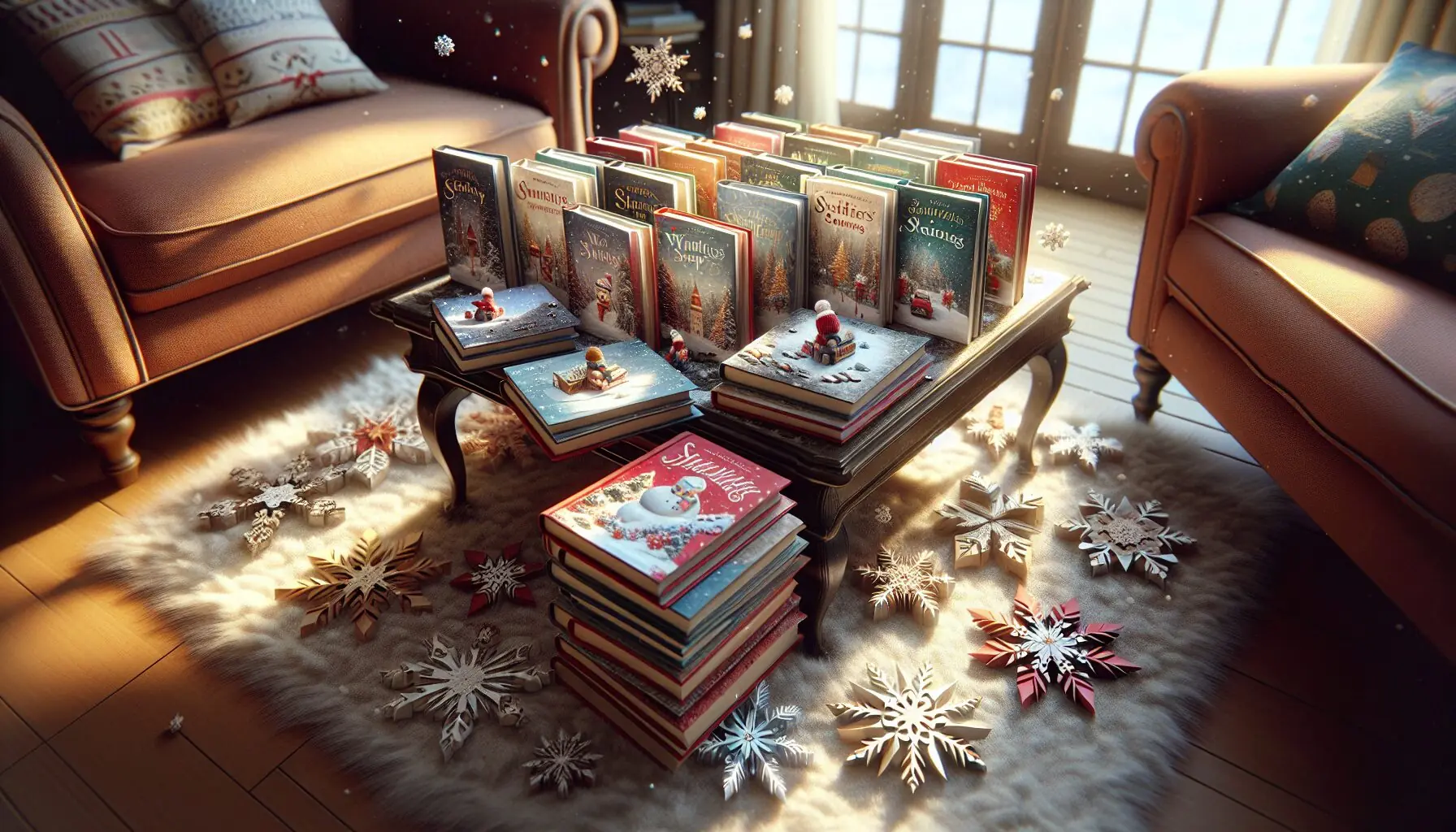 Generate an image of colorful storybooks piled high with snowflakes falling around them.