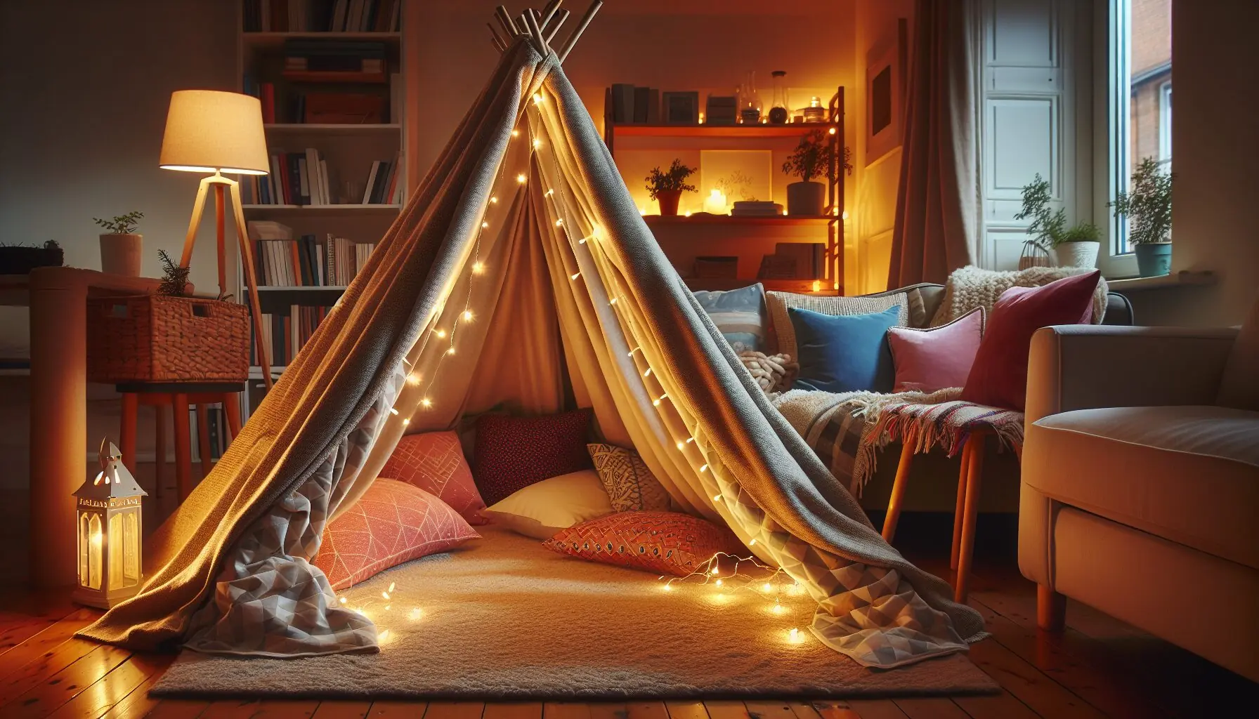 Generate an image of a cozy indoor blanket tent in a living room with fairy lights.