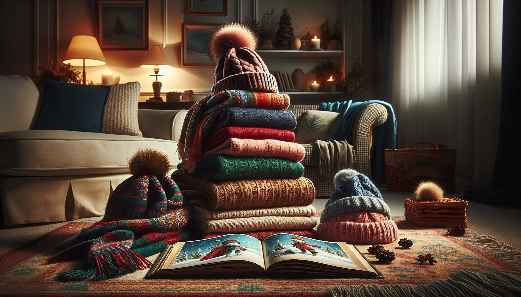 Generate an image of a cozy indoor scene with a stack of scarves, hats, and a storybook, ready for dramatization.