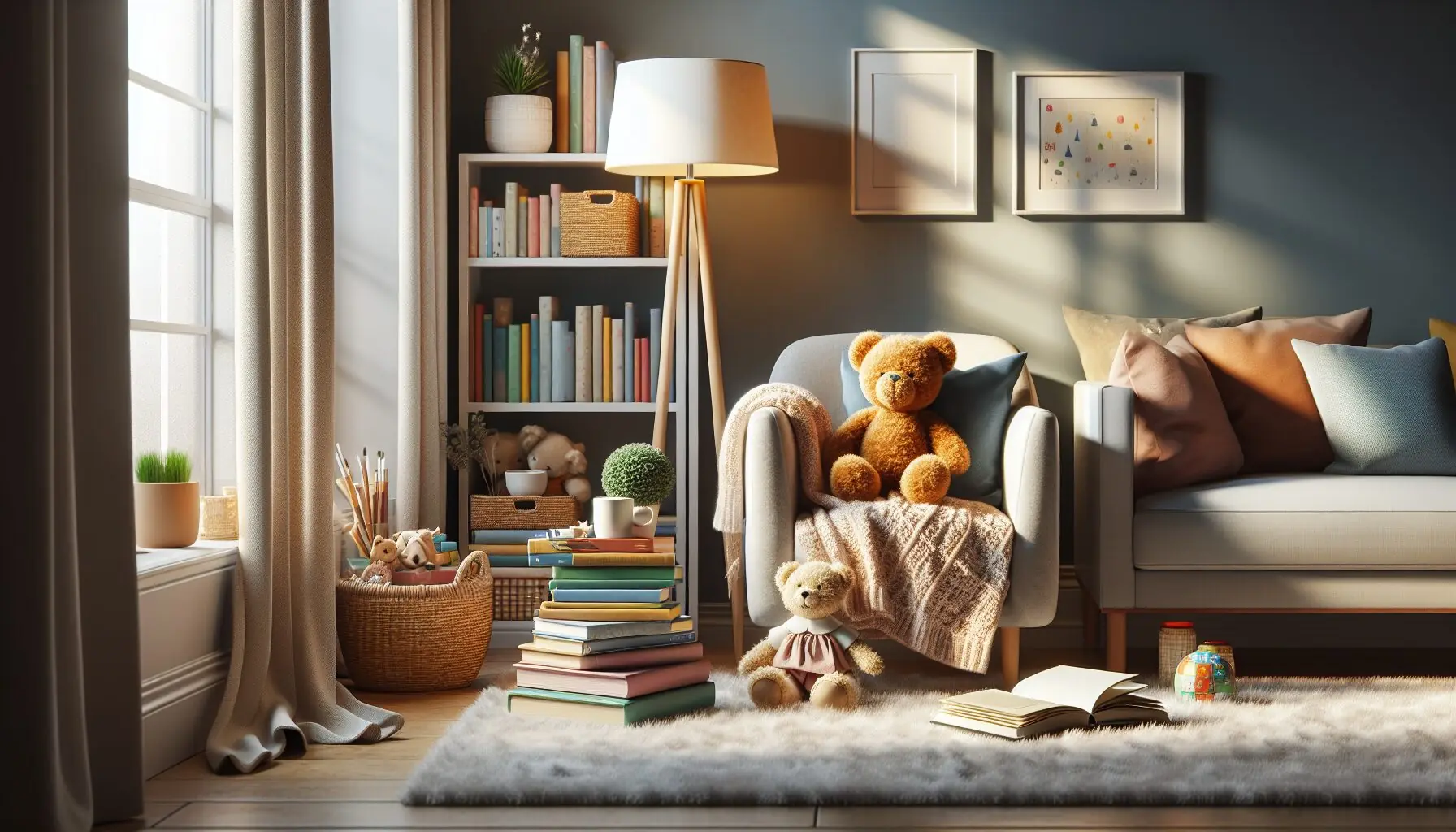 Generate an image of a cozy reading nook with plush toys and books, symbolizing a space for reflection and creativity.