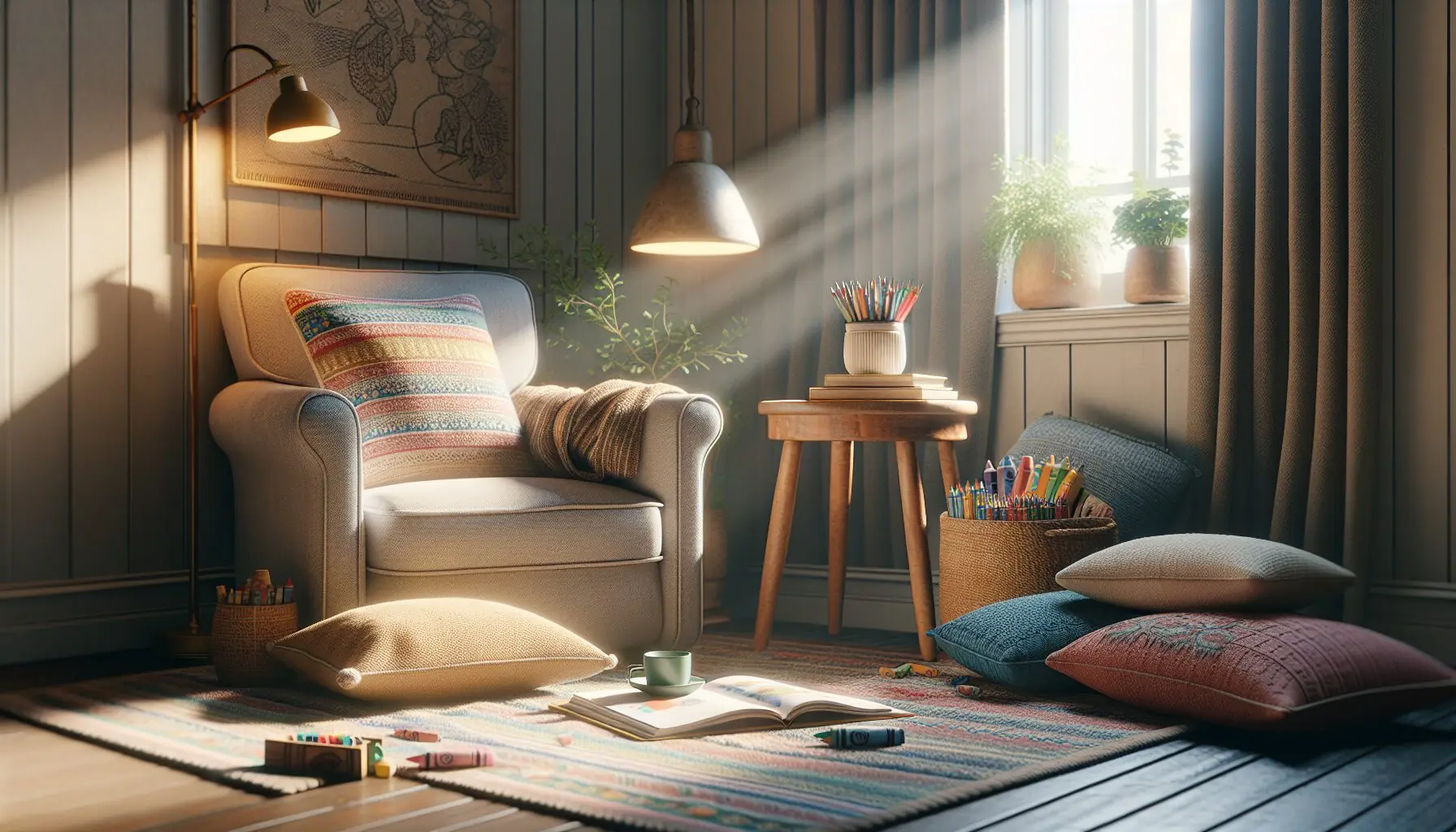 Create an image of a cozy reading nook with a variety of cultural storybooks and colorful crayons on a table.