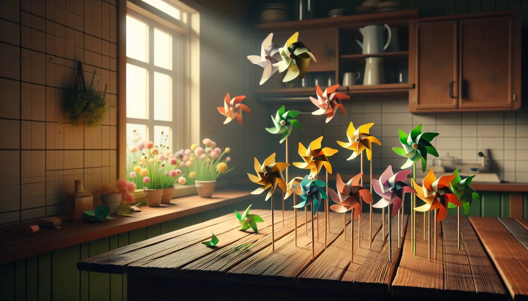 Generate an image of a gentle breeze flowing through a garden, subtly pushing flowers and leaves.