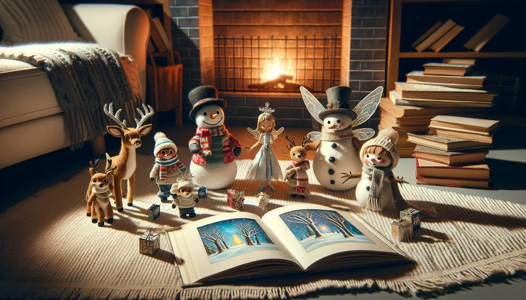 Generate an image of a playful scene featuring figurative illustrations of characters from different winter tales.