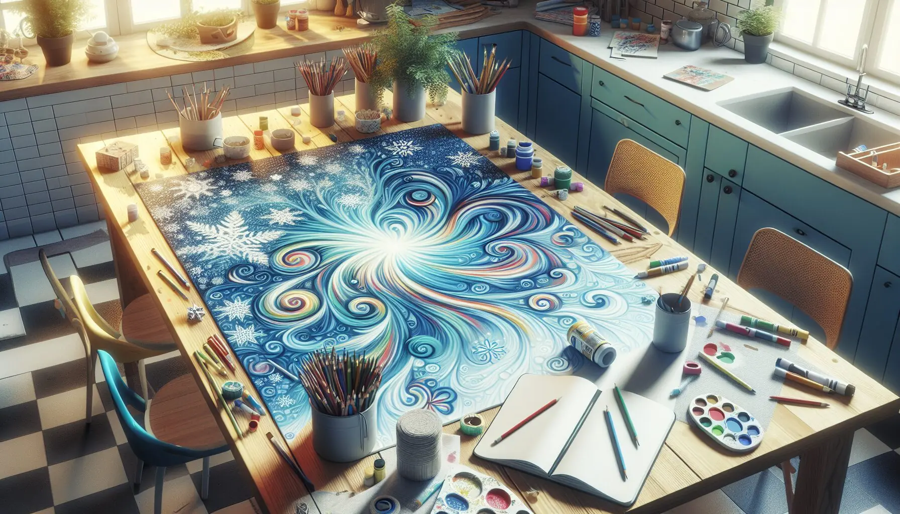 Generate an image of a family gathered, laughing around a bright, colorful mural of winter scenery.