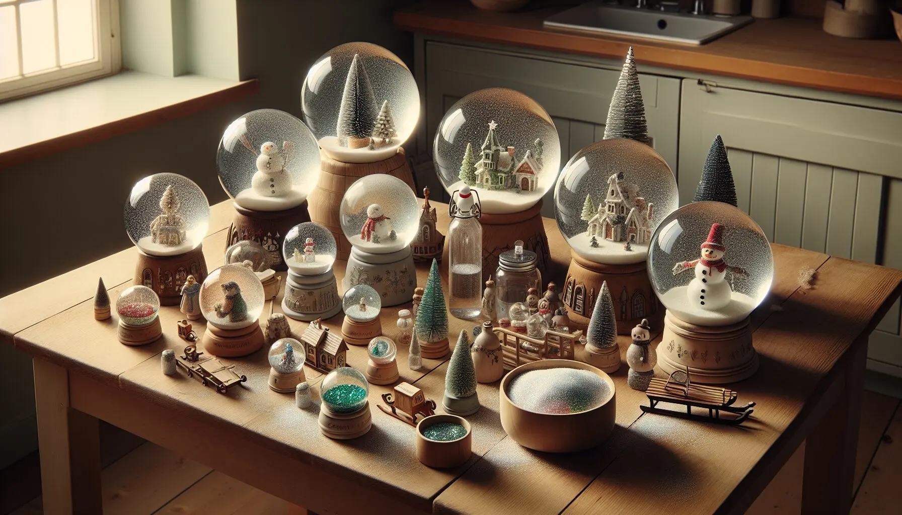 Generate an image of diverse snow globe designs on a shelf.