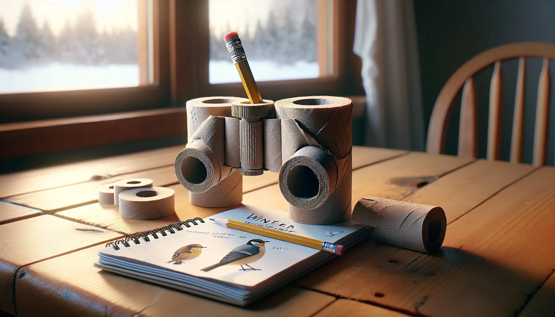 Generate an image of simple DIY binoculars made from toilet paper rolls on a wooden table next to a child's notebook and pencil.