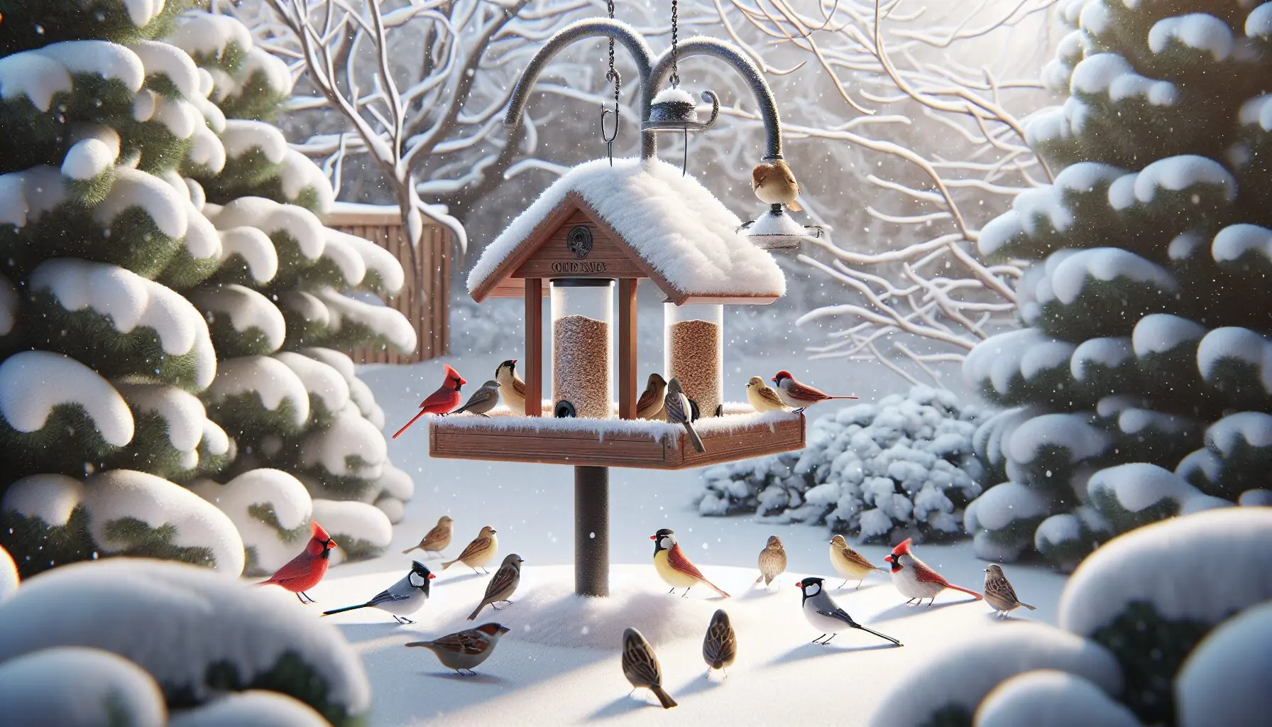 Generate an image of a backyard feeder covered with snowflakes and colorful winter birds surrounding it.