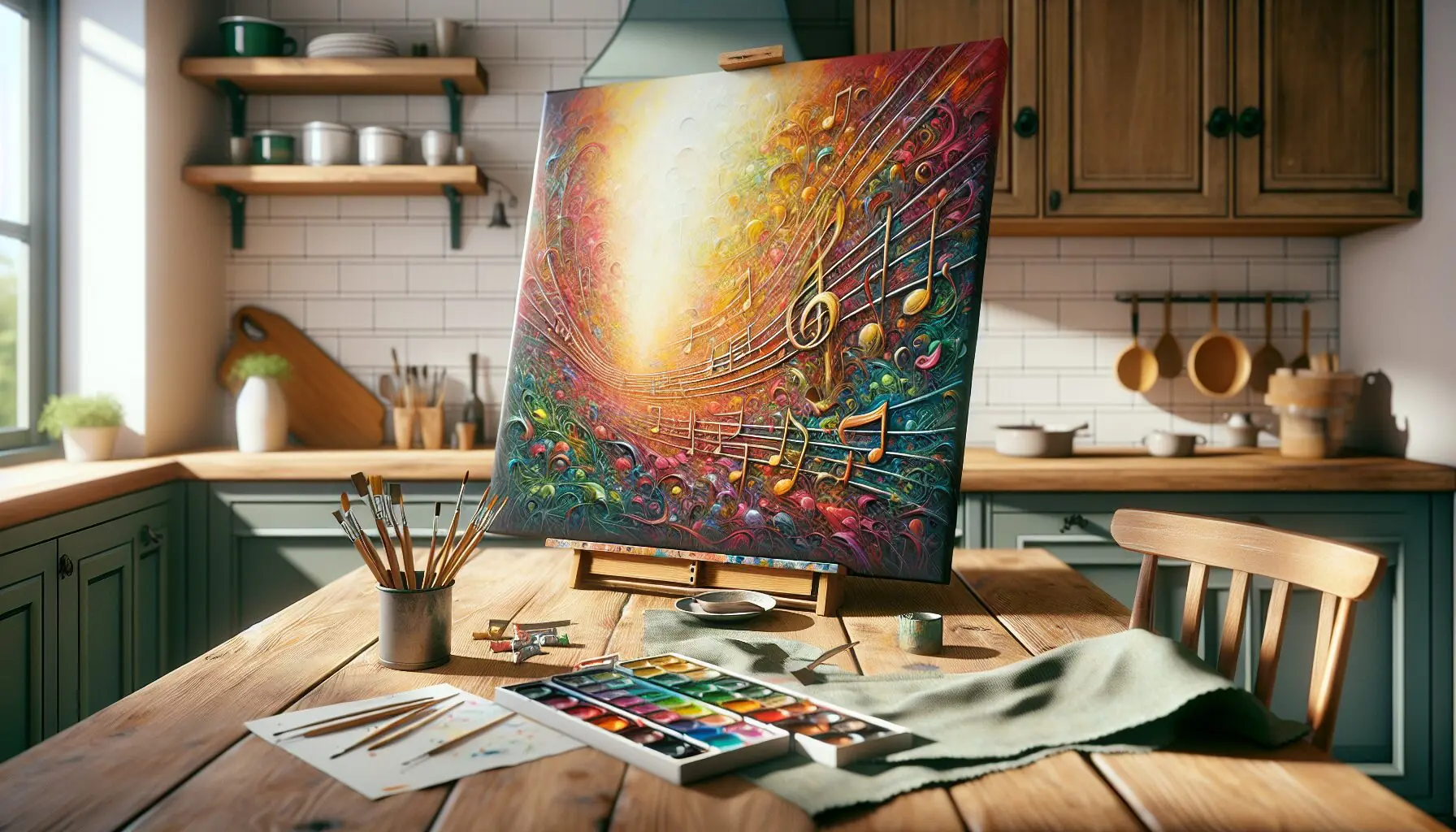 Generate an image of a child focused on a colorful painting with musical notes in the background.