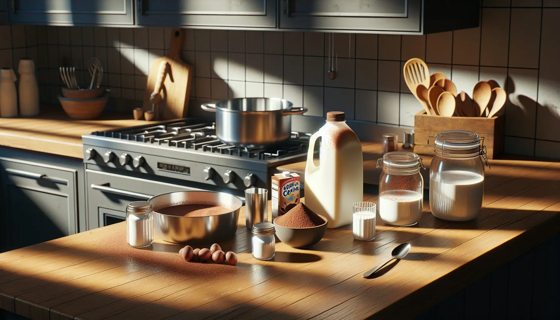 Generate an image of a kitchen counter with cocoa ingredients: a carton of milk, cocoa powder, a small sugar jar, and a saucepan.