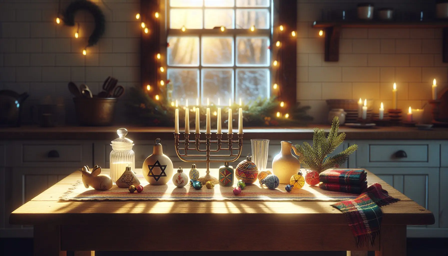 Generate an image of festive winter decorations from various cultures.