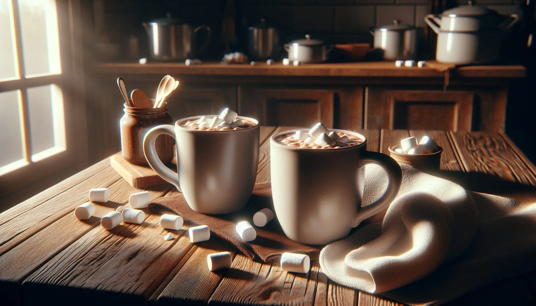 Generate an image of two mugs filled with cocoa, topped with marshmallows, set on a wooden table with a small towel nearby.