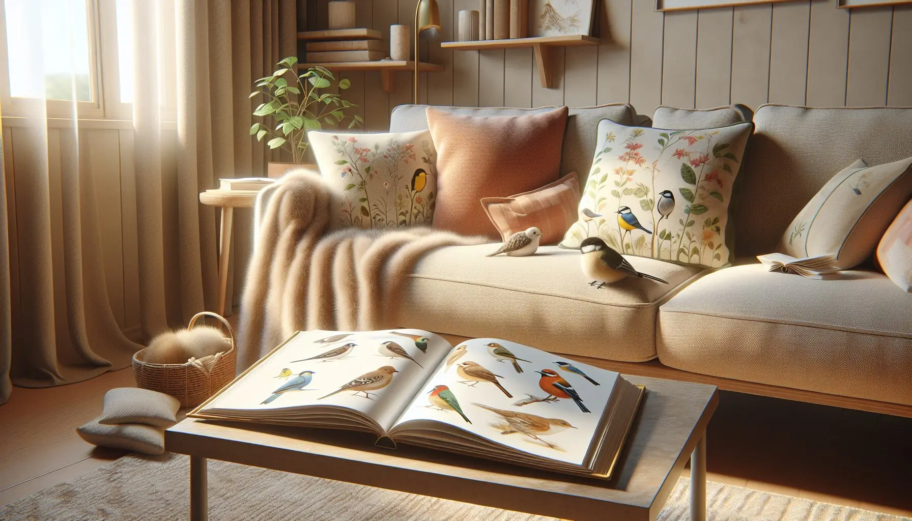 Generate an image of a large book showing various colorful bird species on an open page, sitting on a cozy couch.