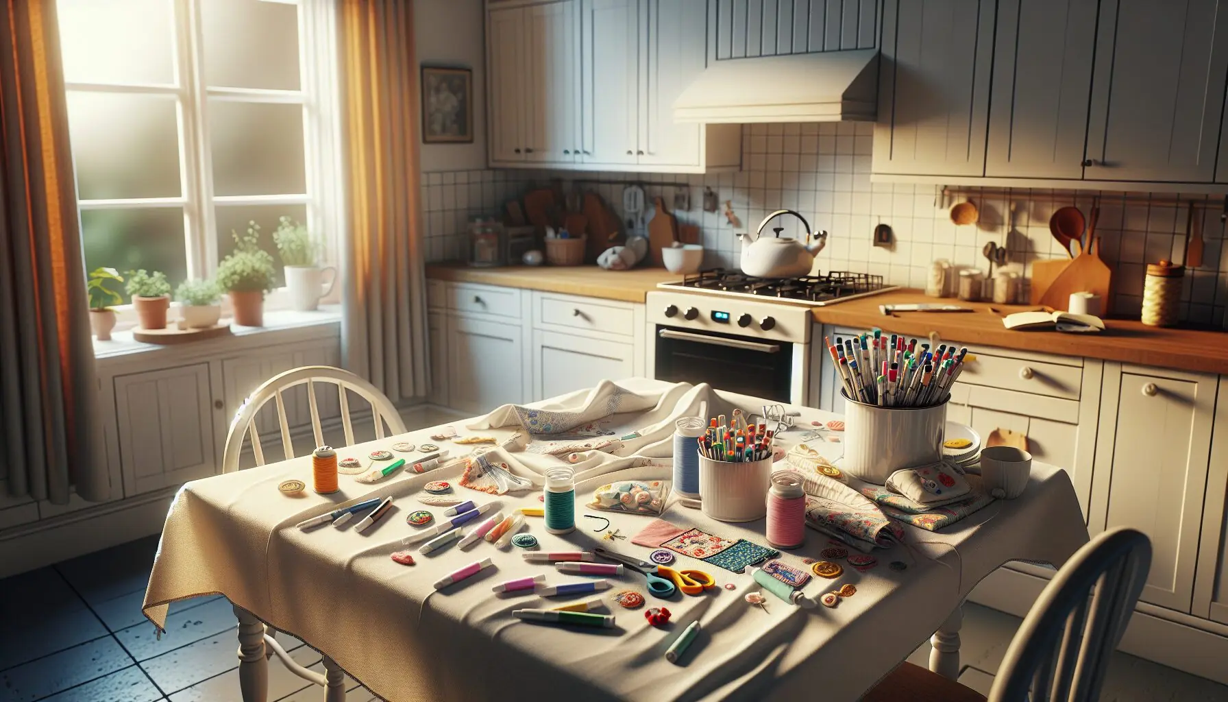 Generate an image of colorful fabric markers and patches scattered artistically on a white table.