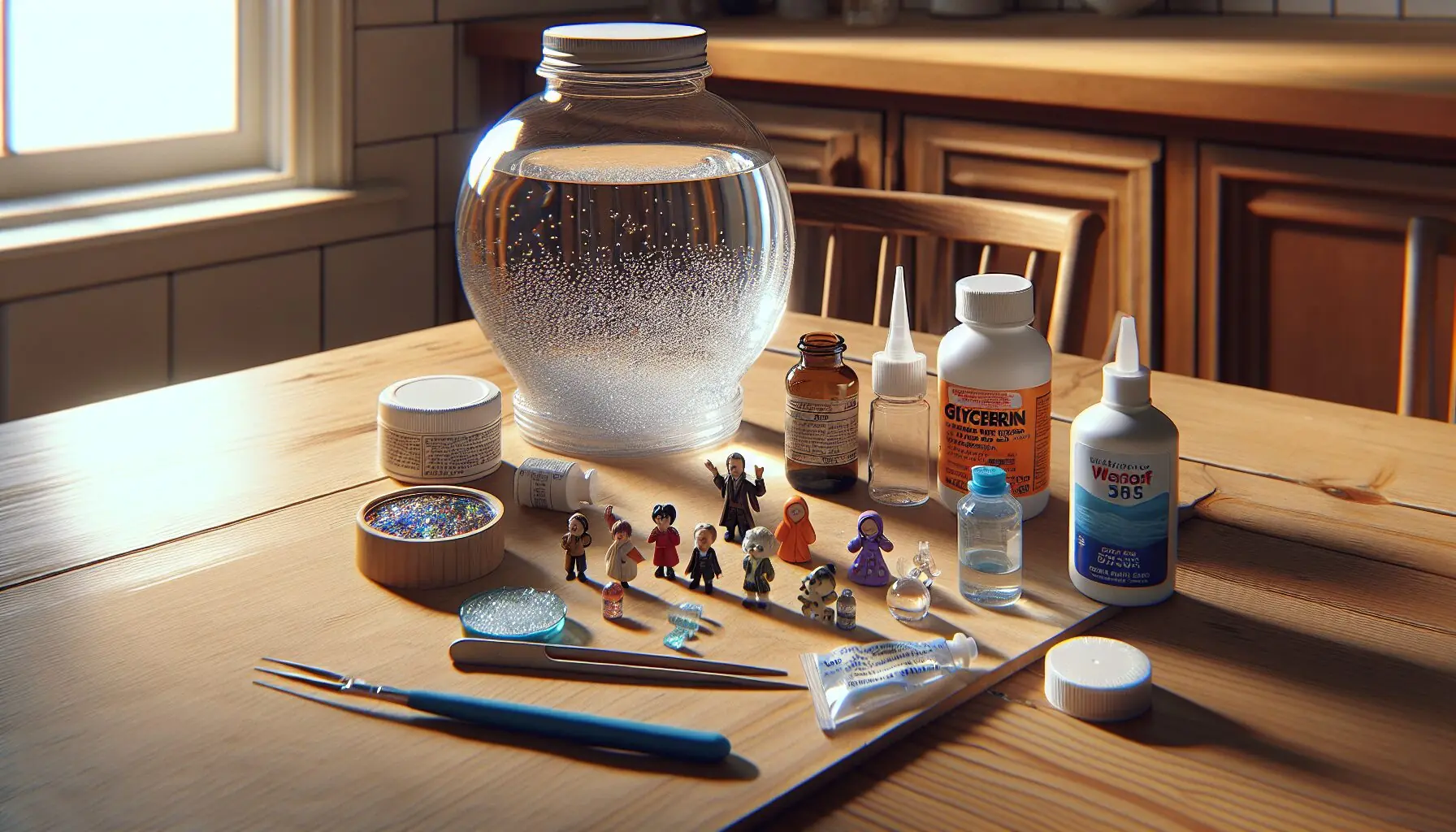 Generate an image of snow globe materials, including a clear jar, glitter, and figurines.