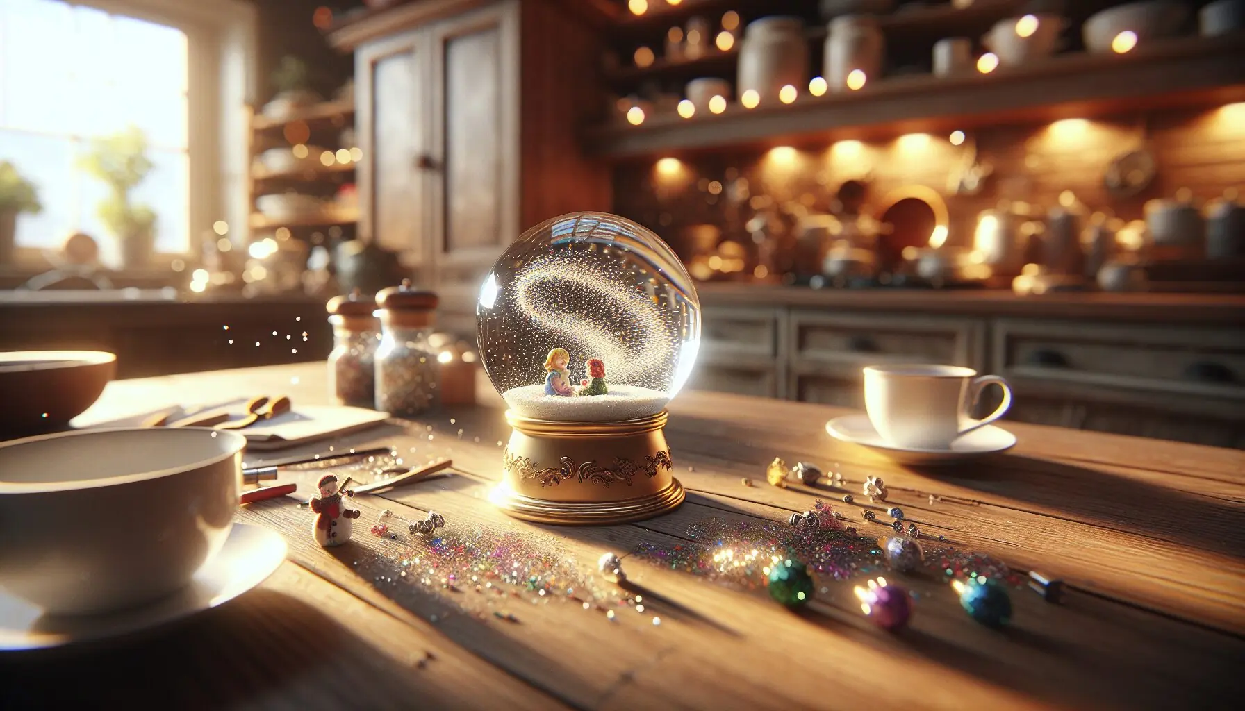 Generate an image of a completed snow globe with swirling glitter.