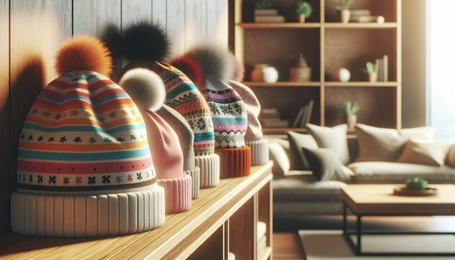Generate an image of winter hats decorated in various fun patterns displayed on a wooden shelf.